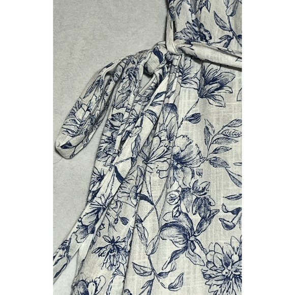 Monteau Linen Blend Faux Wrap Dress Small White Blue Floral Flutter Sleeve Tie - Picture 7 of 12